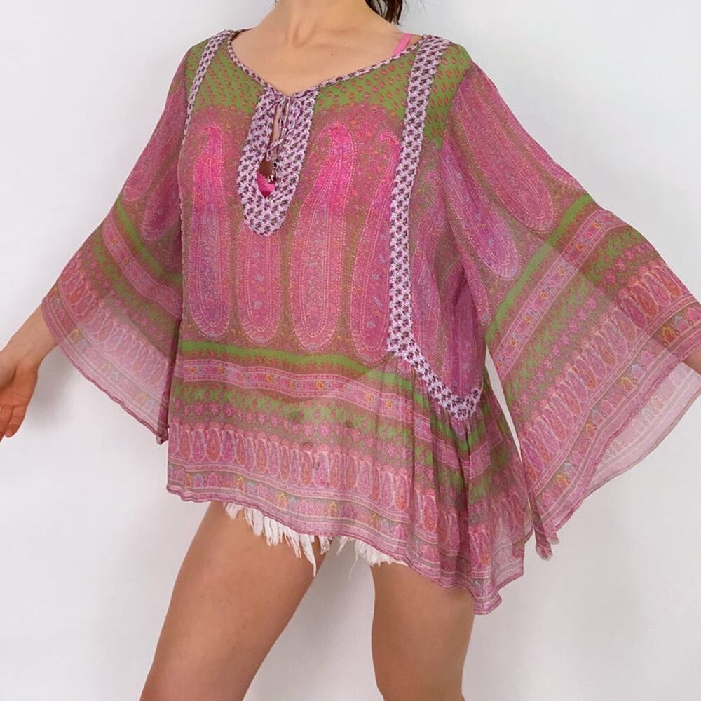 Calypso St Barth Silk Tunic Top Paisley Beaded Boho Resort Beach Cover Up